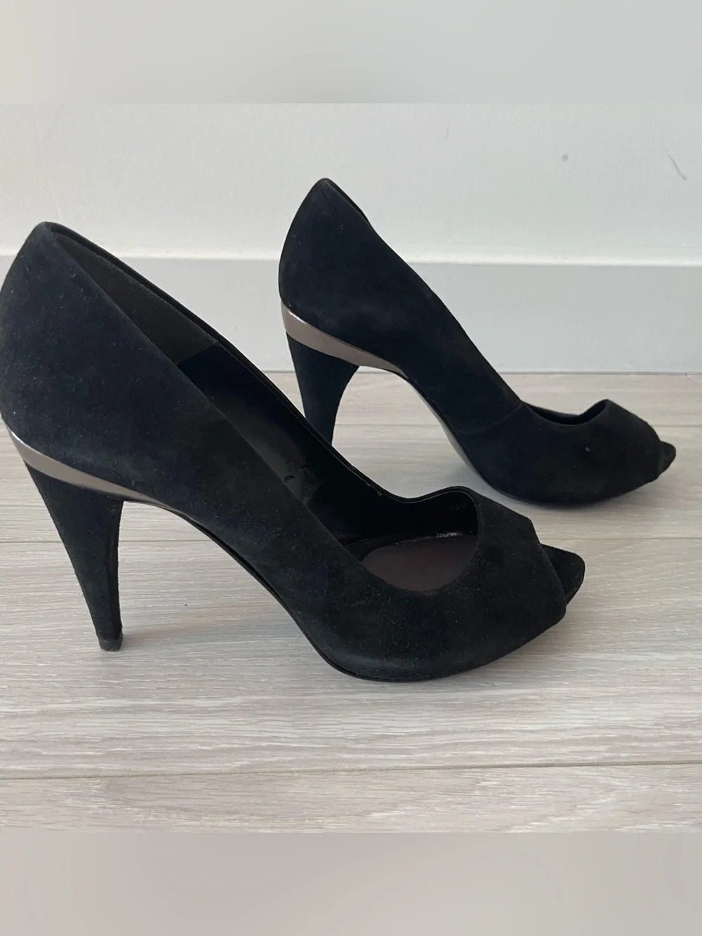 Zara Black Genuine Suede Peep-Toe Heels with Chrome Heel Band Size 40